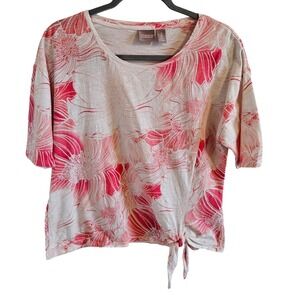 Chicos Floral Side Tie Cotton Knit Top Red White Short Sleeve Size L (Chico 2)
